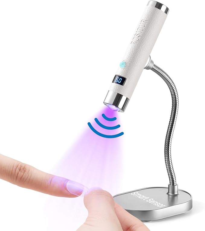 Mini UV Lamp for Gel Nails- Flash Cure Handheld Nail U V Led Curing Light with Stand- Rechargeable Hands-Free Fast Dry UV Lamp with Auto Sensor for Home Manicure and Salon (White)