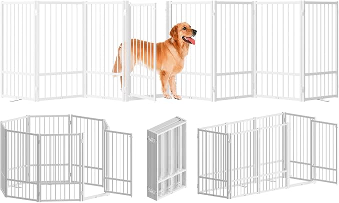 SNUOWU Full Metal Freestanding Dog Gate with Door, 32''Height Foldable Pet Dog Fence for Indoor & Outdoor, 8 Panels Extra Wide Free Standing TallDog Gates for Doorways,House,Stairs,Porch,Deck,Yard