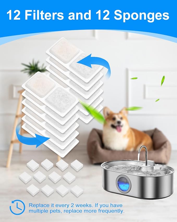 12+12 Pack Dog Water Fountain Filter Compatible with ECOCONUT 3.4Gal/13L Stainless Steel Large Pet Fountain, Activated Carbon & Sponge Filter for Cat Dog Water Bowl Dispenser