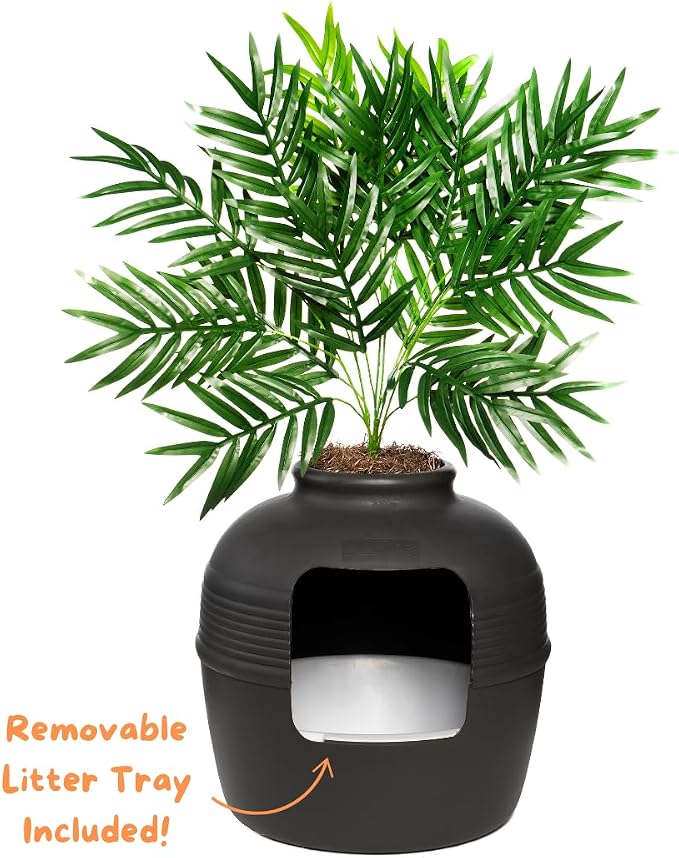 Good Pet Stuff Original Hidden Litter Box Planter, Decorative Cat Litter Enclosure, Carbon Filter, Faux Plant, Easy to Clean, Round Design, Removable Tray, Essentials Kit, Palm Plant, Charcoal Black