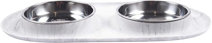 Messy Cats Double Silicone Feeder with Stainless Saucer Shaped Bowl | Anti-Slip Non-Skid Cat Food Bowls | Two Cat Bowls in Feeding/Water Station | 1.75 Cups per Bowl (Marble)