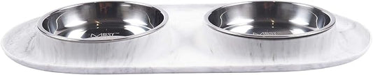Messy Cats Double Silicone Feeder with Stainless Saucer Shaped Bowl | Anti-Slip Non-Skid Cat Food Bowls | Two Cat Bowls in Feeding/Water Station | 1.75 Cups per Bowl (Marble)