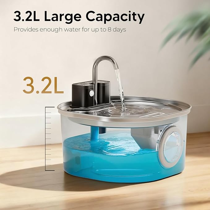 Voluas Stainless Steel Cat Water Fountain: 108oz/3.2L Wireless Cat Fountain Battery Operated for Drinking Indoor, Automatic Pet Water Dispenser Bowl with Ultra Quiet Pump, Easy Clean BPA-Free, 2Filter