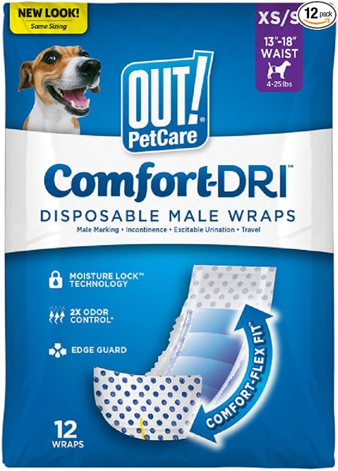 OUT! PetCare Disposable Dog Diapers Male, Puppy Belly Band, Potty Training, Doggie Diapers, Belly Bands for Male Dogs, Puppy Training, Adjustable Fasteners, Incontinence, (XS/S, 12ct)