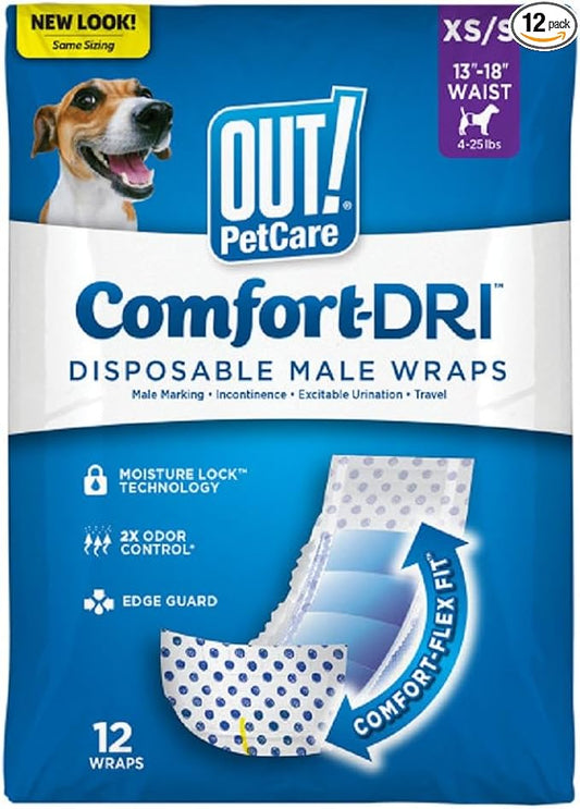OUT! PetCare Disposable Dog Diapers Male, Puppy Belly Band, Potty Training, Doggie Diapers, Belly Bands for Male Dogs, Puppy Training, Adjustable Fasteners, Incontinence, (XS/S, 12ct)