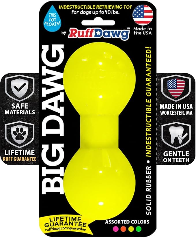 Ruff Dawg Big Dawg Barbell Medium Yellow – Heavy-Duty Solid Rubber Dog Chew Toy for Small to Medium Dogs Under 40 lbs – Floats & Bounces – Made in USA