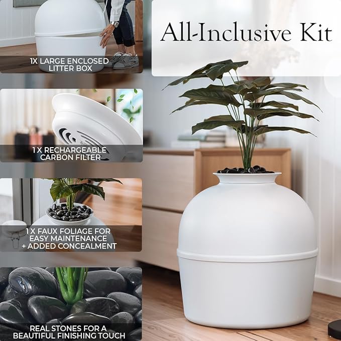 Secret Litter Box by Bundle & Bliss - Hidden Litter Box Enclosure, Patented Design with Odor Control, Includes Faux Plant, Carbon Filter and Real Stones Vivid White