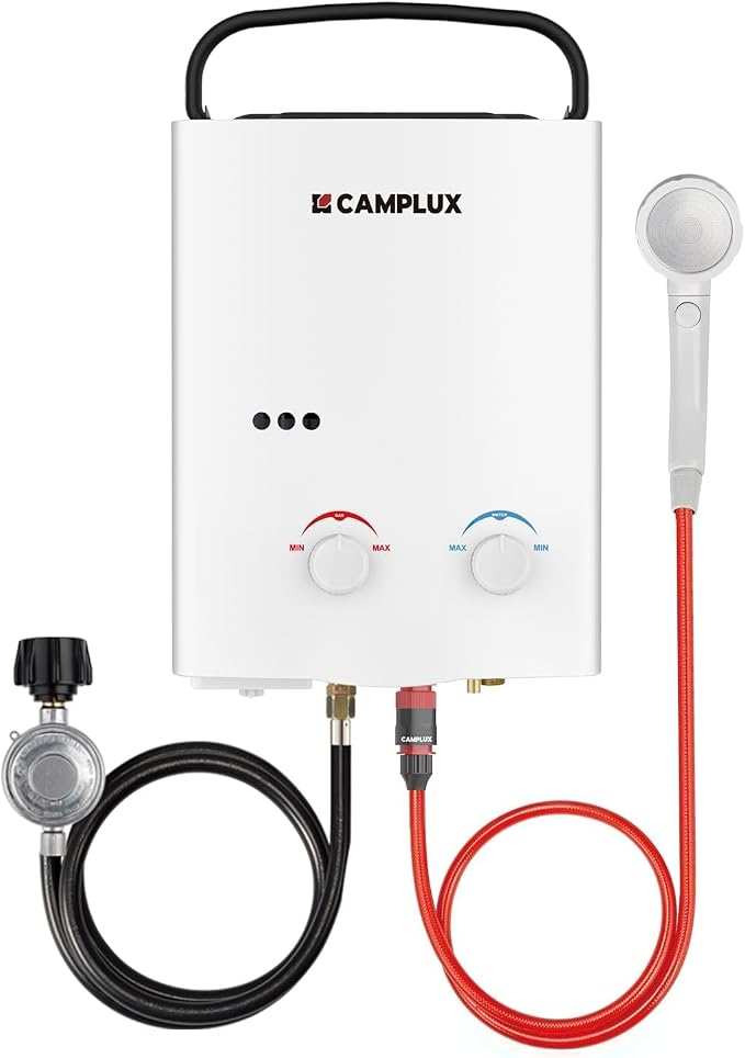 CAMPLUX 5L Portable Tankless Water Heater, 1.32 GPM Outdoor Propane Shower for Camping, RV, Off-Grid, Instant Hot Water with Folding Handle, Overheat Protection, Low Pressure Startup, AY132, White