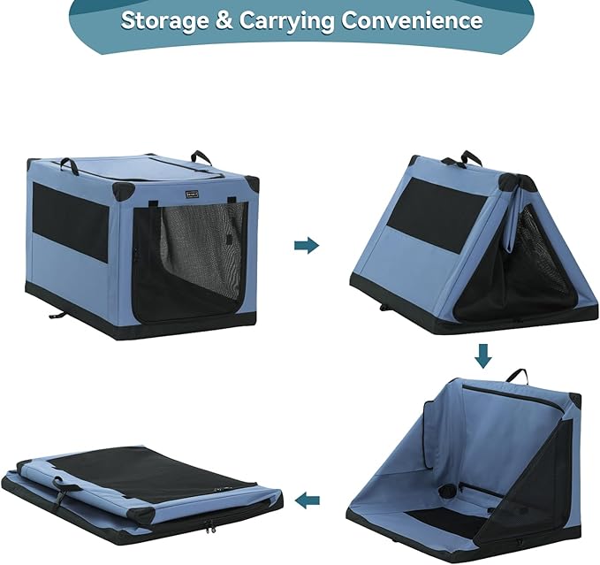 PETSFIT 36" Soft Portable Dog Crate – Patented Spiral Sturdy Frame, Collapsible Travel Kennel for Medium & Large Dogs, 3 Mesh Door, Lockable Zippers, Indoor & Car Use Blue