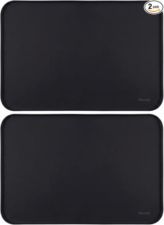 Silicone Pet Feeding Mat 2 Pack 19 x 12 Inch Waterproof Dog & Cat Food Mat with Raised Edge, Non Slip BPA Free Dog Bowl Mat for Food and Water Bowls, Spill Proof Floor Protector (Black)