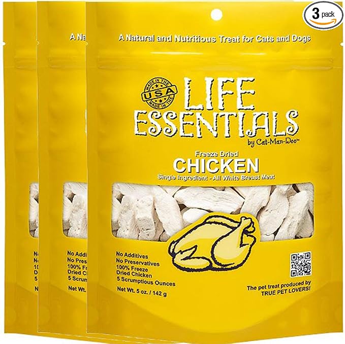 Life Essentials by Cat-Man-Doo | Chicken - 3 Pack of 5oz. Bags | Freeze Dried Chicken Cat & Dog Treats | Healthy, Single Ingredient, Training Treats, High Protein
