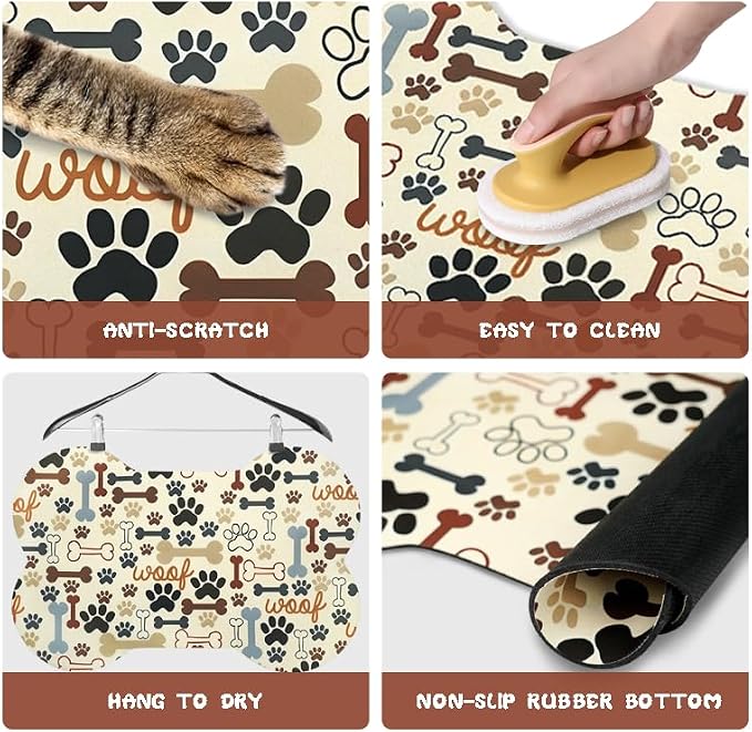 Dog Food Mats for Floors Waterproof, Pet Feeding Absorbent Water Bowl Mat Cat Placemats Beige Bone Shape 19 * 12 inch