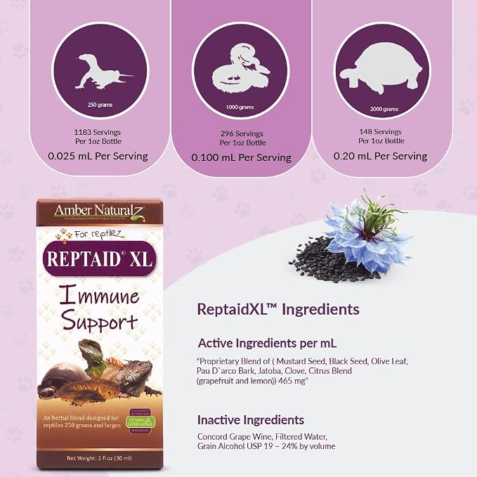 AMBER NATURALZ Reptaid XL Herbal Supplement for Large Reptiles | Herbal Pet Supplement for Immune Support | for Reptiles Above 250g | 1 Fluid Ounce Glass Bottle | Manufactured in the USA