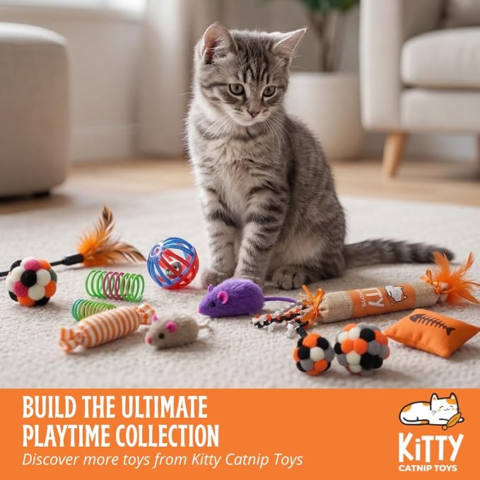 Kitty Catnip Toys- 60 Interactive Cat Toys for Indoor Cats & Kittens – Crinkle Balls, Sparkle Pom Pom Balls, Spiral Springs, Cat Mice, Teaser Wand, Kitten Toys - Variety Pack