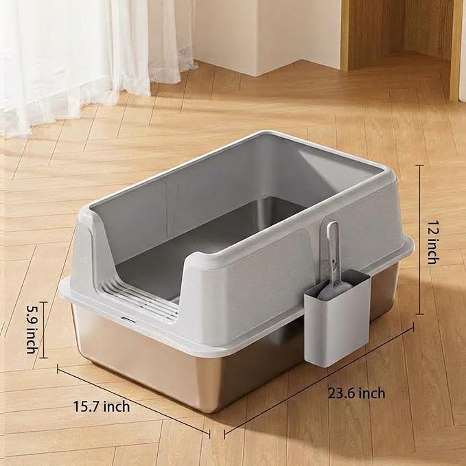 Stainless Steel Cat Litter Box, XL Enclosed Metal Litter Box with Lid & Side Litters Filter, Anti-Leak Non-Stick Design, Includes Scoop for Large Cats 6'' Deep Grey
