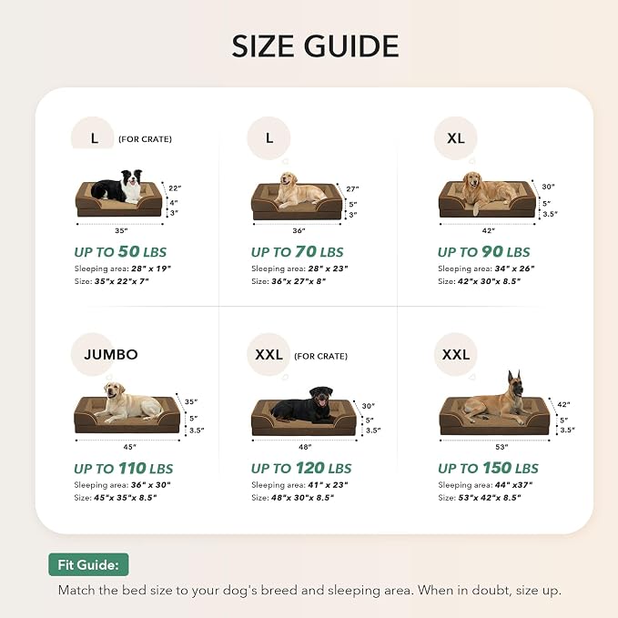 Orthopedic Dog Beds for Extra Large Sized Dogs 48x30 Inch, XL Waterproof Egg Crate Foam Dog Sofa Bed with Removable Washable Cover Big Pet Couch with Bolster & Non-Slip Bottom, Brown