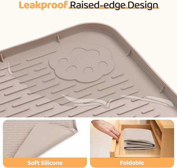 Dog Food Mat, Extra Large 40" x 40" Silicone Pet Feeding Mat with Raised Edge Pet Placemat for Small, Medium, and Large Pets Non-Slip, Easy to Clean (Khaki)