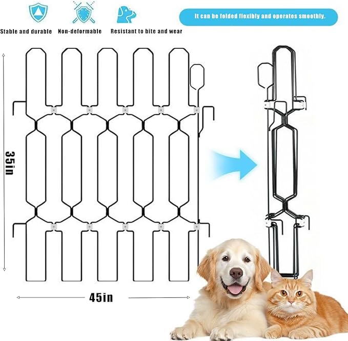 Metal Telescopic gate, 45 inches Wide and 35 inches high, is a Safe pet gate Suitable for Front Doors, RVs, doorways, etc., and is Easy to Install.