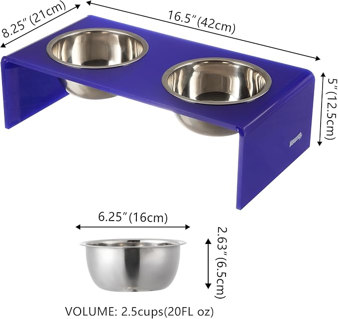 DBL2000F Keaton 5" Small/Medium Modern Acrylic Rectangular Elevated Pet Feeder with 20oz 2-Stainless Steel Bowls, Purple/Chrome