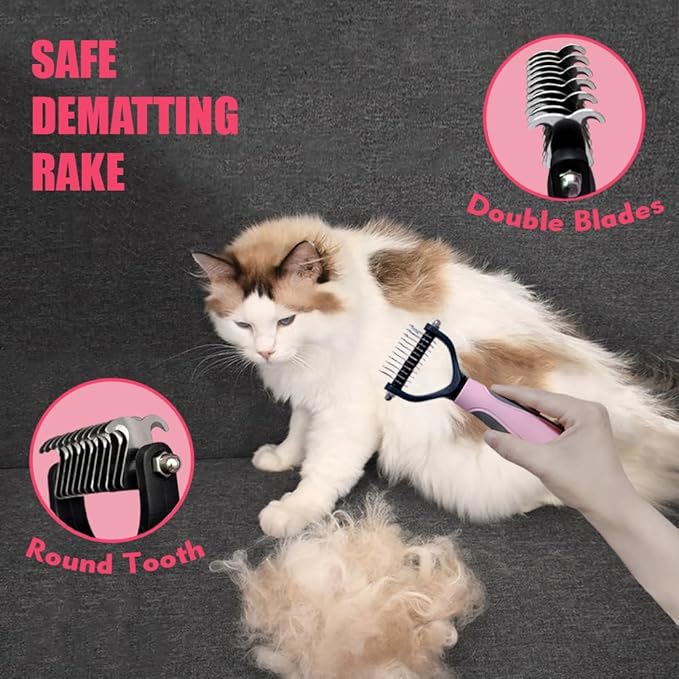 Cat Brush Towel 3pcs Grooming Kit - Bath Brush for Long-Haired Cats, Cat Brush for Indoor Cats with Flea Comb, Pink