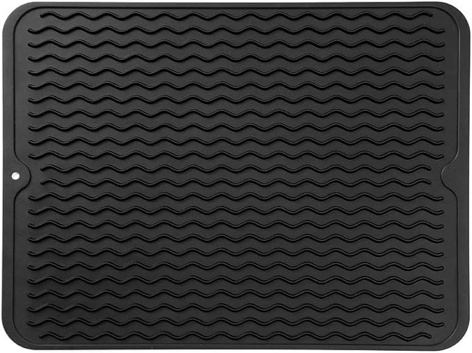 MicoYang Silicone Dish Drying Mat — Quick-Dry Ridges Counter & Sink Pad, Heat-Resistant Trivet to 450°F, Non-Slip & Dishwasher Safe, Roll-Up Storage, 18 Colors & 9 Sizes (Black, 16"×12")