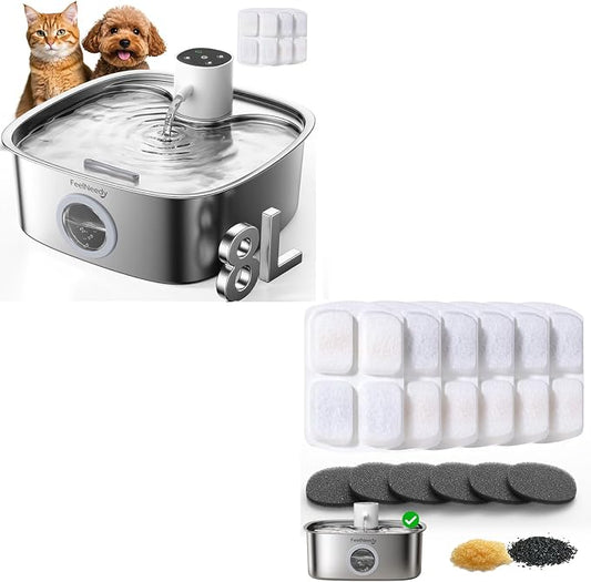 Wireless 8L Pet Water Fountain with 6 Filters & 6 Pack Pump Filter Sponges Replacements