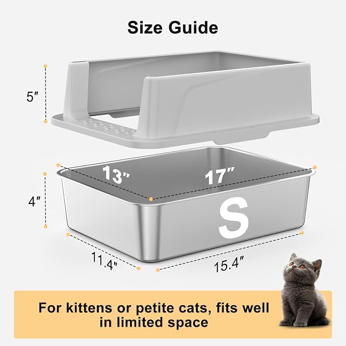 FURTIME Stainless Steel Cat Litter Box, Easy-Clean High-Sided Metal Litter Box, Open-Top Litter Pan for Small Cats, Includes Scoop & Mat, Non-Stick, Anti-Leakage, 17"×13"×8.4"