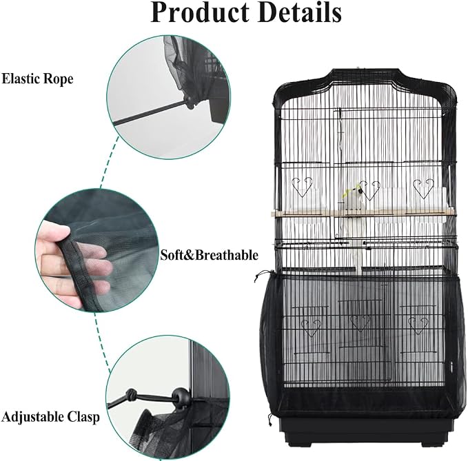 ASOCEA Bird Cage Seed Catcher and 2 Pack Bird Food Stainless Steel Cups Universal Bird Cage Cover Skirt, Adjustable Parakeet Cage Nylon Mesh Netting for Round Square Cages Prevent Scatter and Mess