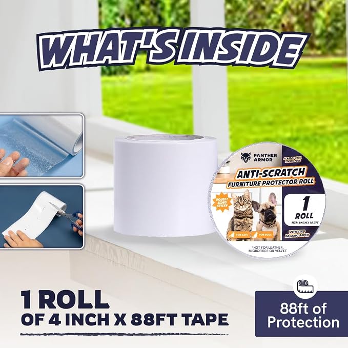 Panther Armor Anti Cat Scratch Furniture Protector, 1Pk Roll, Double Sided Sticky Cat Tape for Furniture, Furniture Scratch Guards for Cats, Cat Scratch Deterrent for Furniture, 4in x 88.5ft