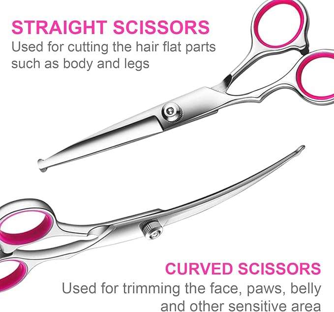 TINMARDA Dog Grooming Kit, Professional Stainless Steel Dog Grooming Scissors with Curved Shears, Pink Finger Rings - 4 Piece Sharp Durable Pet Shears for Dogs Cats At Home Salon-Quality Grooming