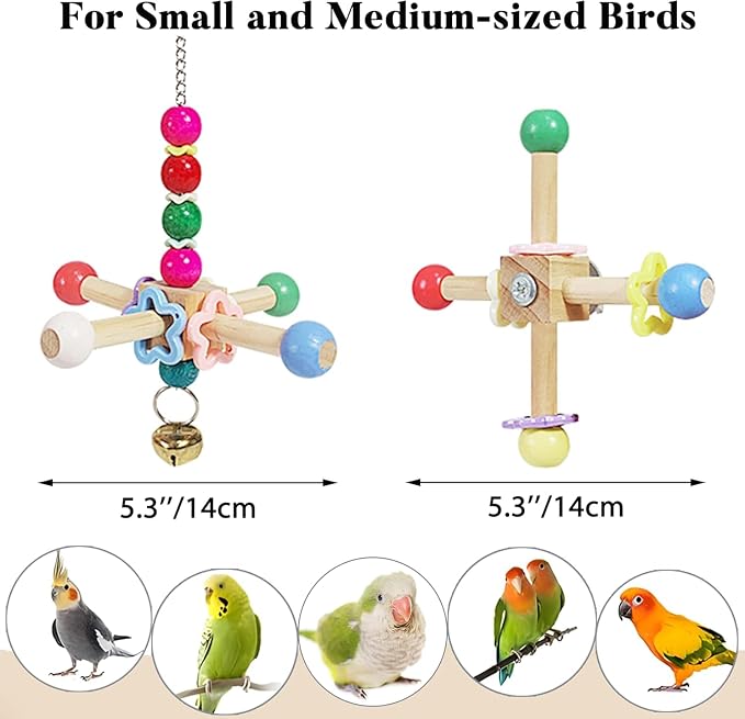 Natural Wood Bird Spinner & Perch Set (2PCS) - Chewing Hanging Toys with Bells & Training Stand for Cockatiel, Conure, Lovebird, Budgie, Quaker - Puzzle Enrichment