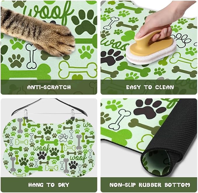 Dog Food Mats for Floors Waterproof, Pet Feeding Absorbent Water Bowl Mat Cat Placemats Green Bone Shape 25.5 * 17 inch