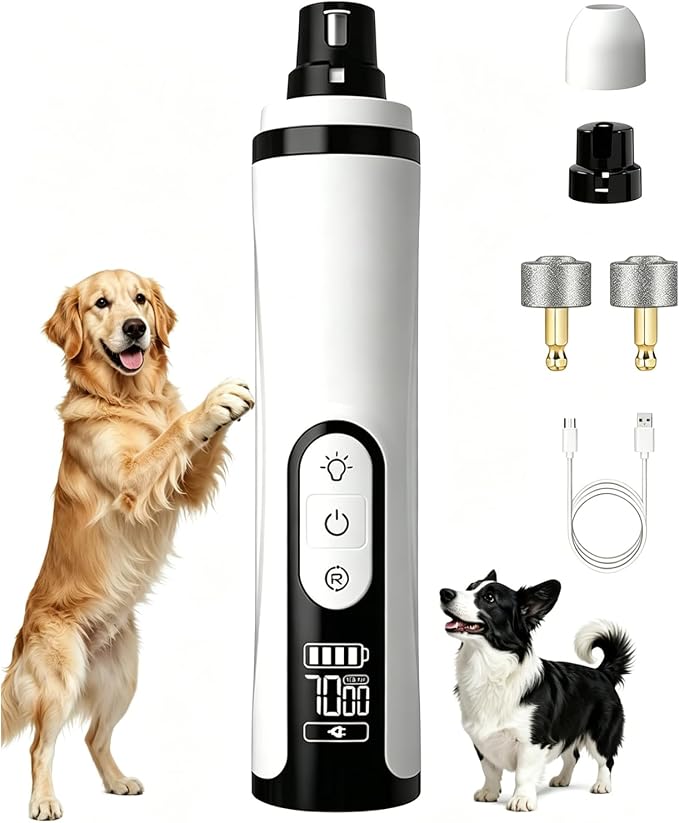 Silent Pet Nail Grinder Pro Dog and Cat Nail Trimmer with LED Light 3-Speed Low Noise Electric Pet Nail Trimmer Painless Paw Grooming Tool for Small Medium Large Dogs Cats, with 2 X Replacement Heads