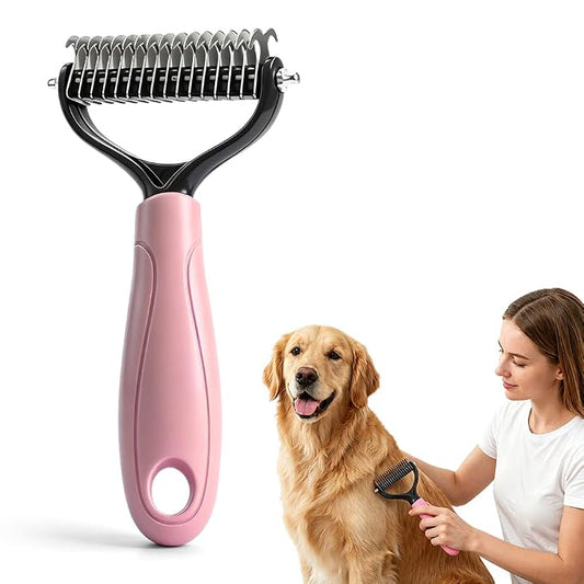 2-in-1 Dematting Comb for Dogs Cats, Double-Sided Undercoat Rake Deshedding Brush, Pet Pro Grooming Tool Removes Tangles Knots Fur, Gentle Grooming Brush for Long Haired Pets (1PC Pink)