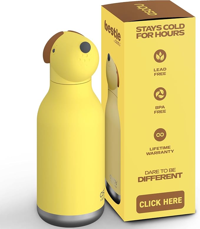 asobu Bestie Bottle Insulated Stainless Steel Water Bottle with Detachable Soft Animal Head Fun Drinking For Kids and Teens with Flexible Reusable Straw 16 Ounce