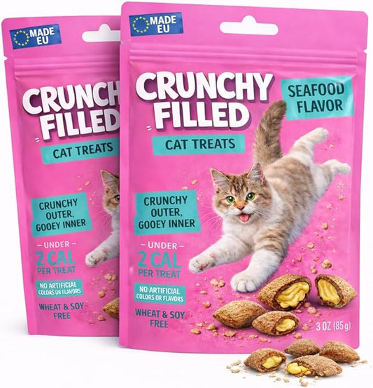Calming Cat Treats for Indoor Cats – Crunchy Pillow Bites Gooey Center – Seafood Low Calorie Kitty Treats – Cat Snacks Food Topper Training Reward Wheat Soy Free Healthy Dental – 6oz Resealable