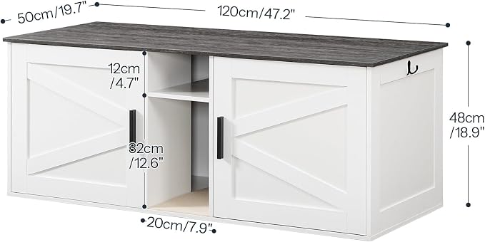 HOOBRO Double Litter Box Enclosure, Modern Cat Litter Box Furniture with Storage and Mat Design, Farmhouse Hidden Litter Box Enclosure with 2 Hooks, White and Charcoal Gray BW23MW01