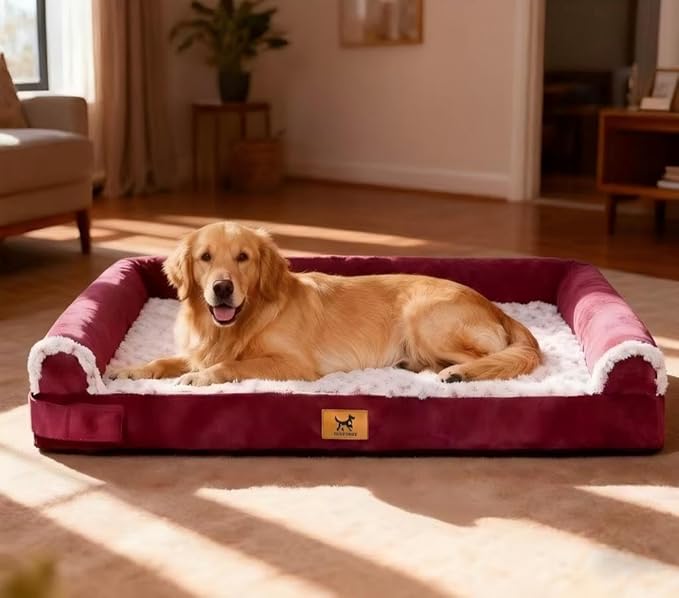 XL Orthopedic Dog Bed - Breathable Egg-Crate Foam Sofa Couch with Bolster, Water-Resistant Liner & Washable Rose Velvet - Ideal for Golden Retrievers, Labradors, Rose Pink(40'' x 28'')