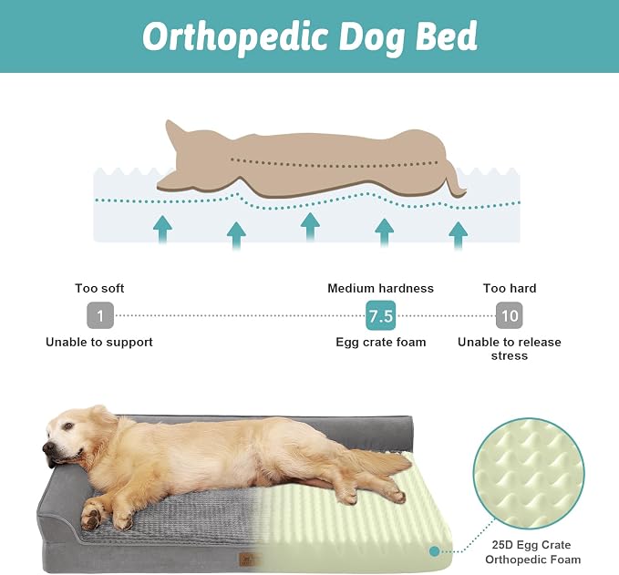COZY KISS Orthopedic Dog Bed for Medium Small Size Dog, Dogs Crate Bed, L Shaped Foam Anti-Slip Bottom Pet Cat Sofa with Washable Removable Cover, Suitable for Pet Up to 40 lbs, 30x20x7.5 inch, Grey