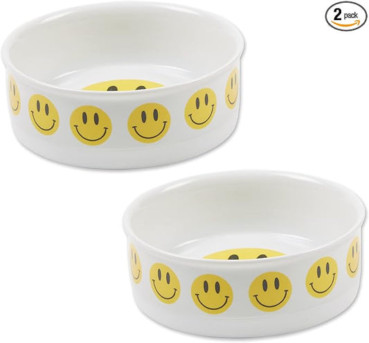 Bone Dry Ceramic Food Bowls, Non-Slip & Dishwasher Safe, Medium Set, 6x2, Smiley Face, 2 Count