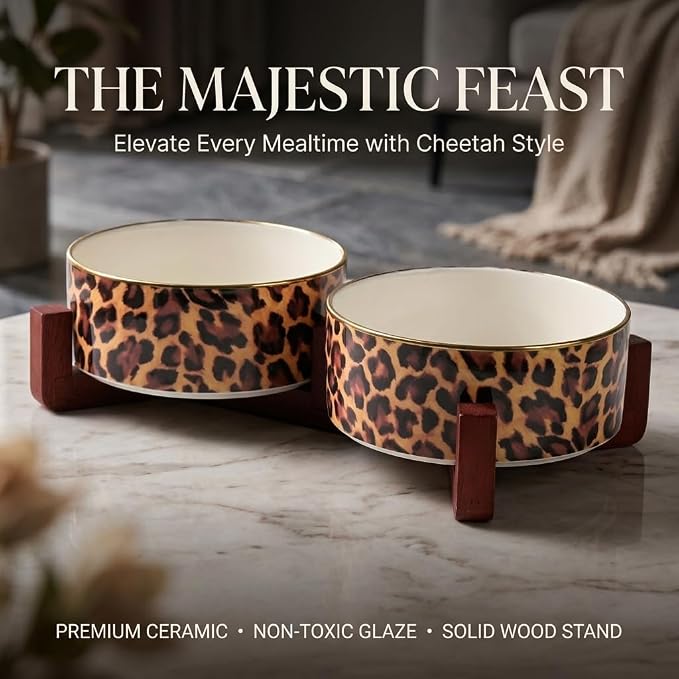 Dog Bowl Set with Wood Stand, Non-Slip Anti-Tip Elevated Design, Double Ceramic Animal Food Water Cat Bowls, Suitable for Large/Medium Sized Dog Pet Feeder Dish Station - 32 OZ, Leopard Print