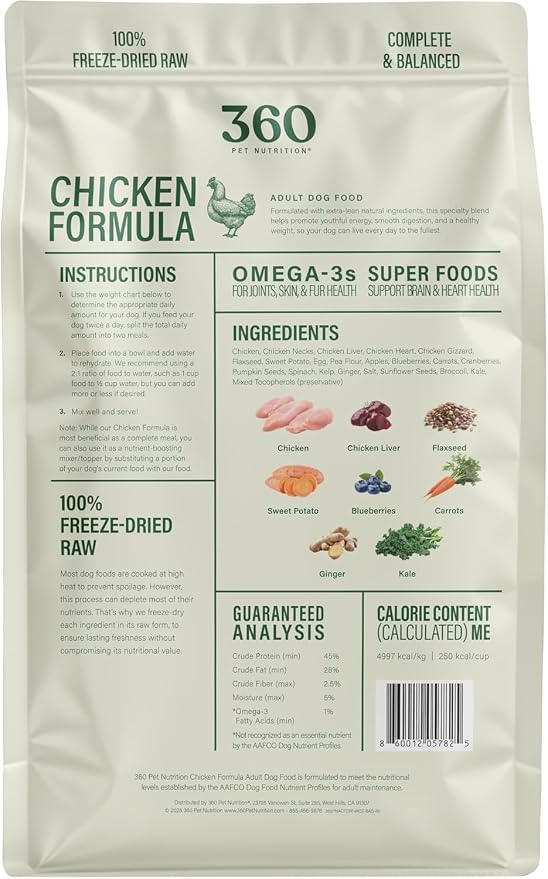 360 Pet Nutrition Freeze-Dried Raw Dog Food – Chicken Recipe with Liver & Organs, High Protein, Omega-3s, Fruits, Veggies & Superfoods, Grain-Free, No Filler 2 x 48 oz Made in USA