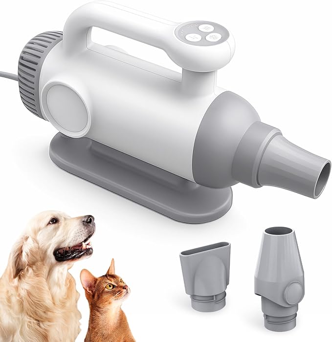 High Velocity Dog Hair Dryer – Portable Pet Grooming Blower with Brushless Motor, Adjustable Temperature, 3 Nozzles, Low Noise & Safety Protection (White)