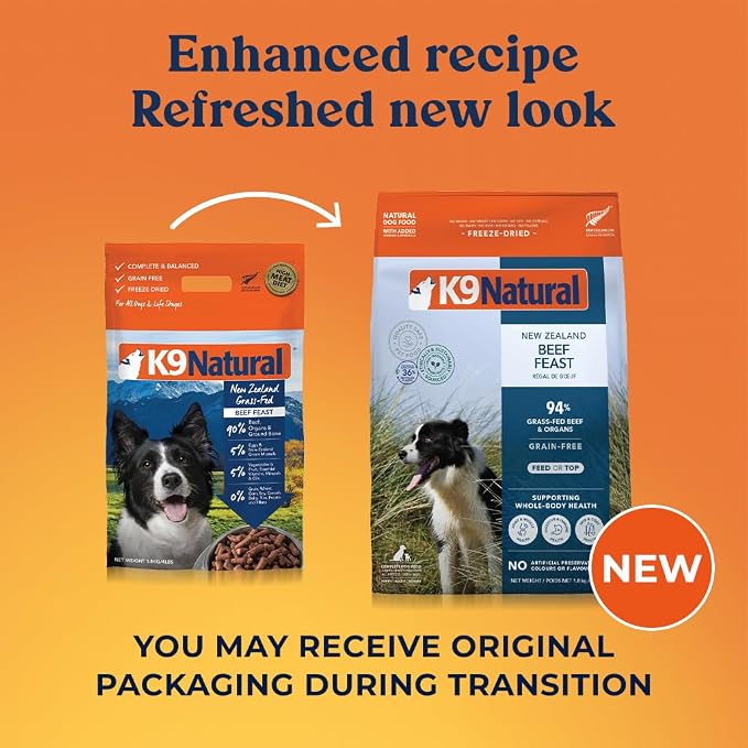K9 Natural Beef Freeze Dried Dog Food, High-Meat Natural Complete Meal or Meal Toppers for Dogs, Grass-Fed Beef from New Zealand, Grain-Free, GMO-Free, Complete & Balanced Nutrition, 8lb