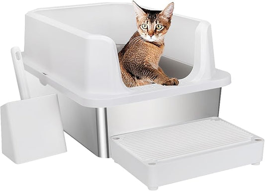 RIZZARI Stainless Steel Litter Box: Large White Open Top Design with Odor-Resistant Steel & High Walls - Leakproof & Durable Teflon Coating- Ideal for Multiple Cats - Living Room Balcony Use