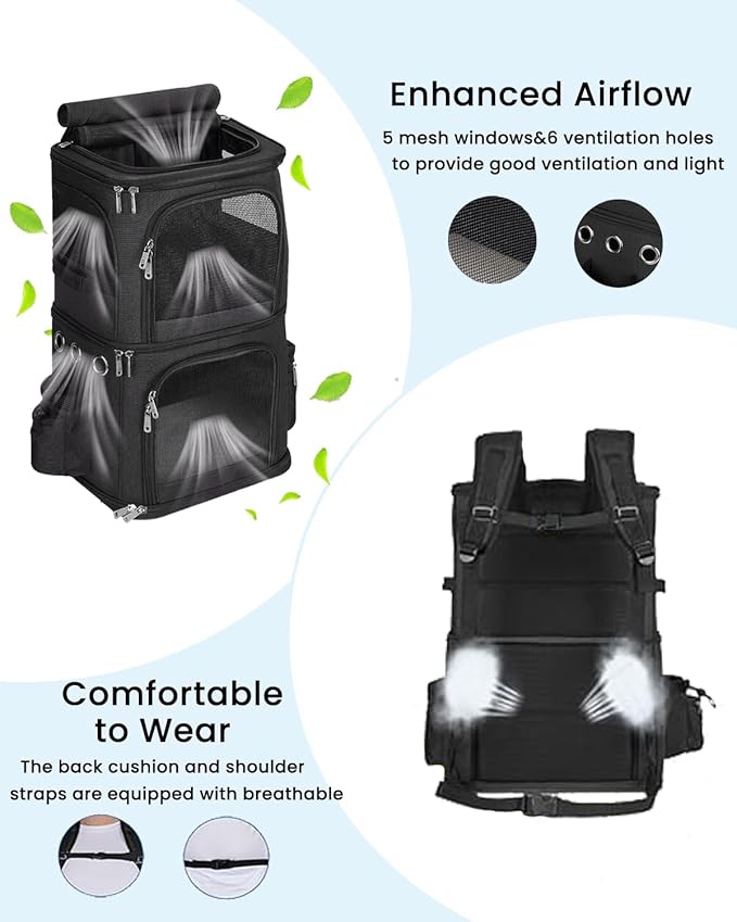 HOVONO Double-Compartment Pet Carrier Backpack for 2 Cats or Small Dogs, Dual Travel Dog Cat Carrier wih Breathable Mesh Windows, Fits Pets up to 20 lbs, Perfect for Traveling/Hiking/Camping, Black