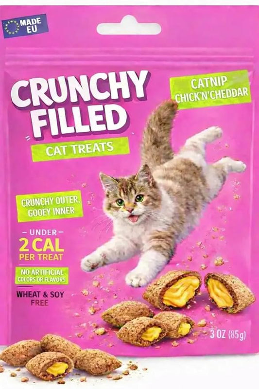 Calming Cat Treats for Indoor Cats – Crunchy Pillow Bites Gooey Center – Catnip Chicken Cheddar Low Calorie Kitty Treats – Cat Snacks Food Topper Wheat Soy Free Healthy Dental – 3oz Resealable