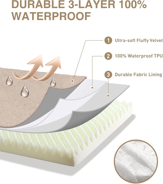 KSIIA Orthopedic Dog Bed Crate Waterproof Pet Mats for Small Dogs Deluxe Plush Washable Pet Bed with Egg Crate Foam & Removable Cover, 23 x 17 Inch, Khaki