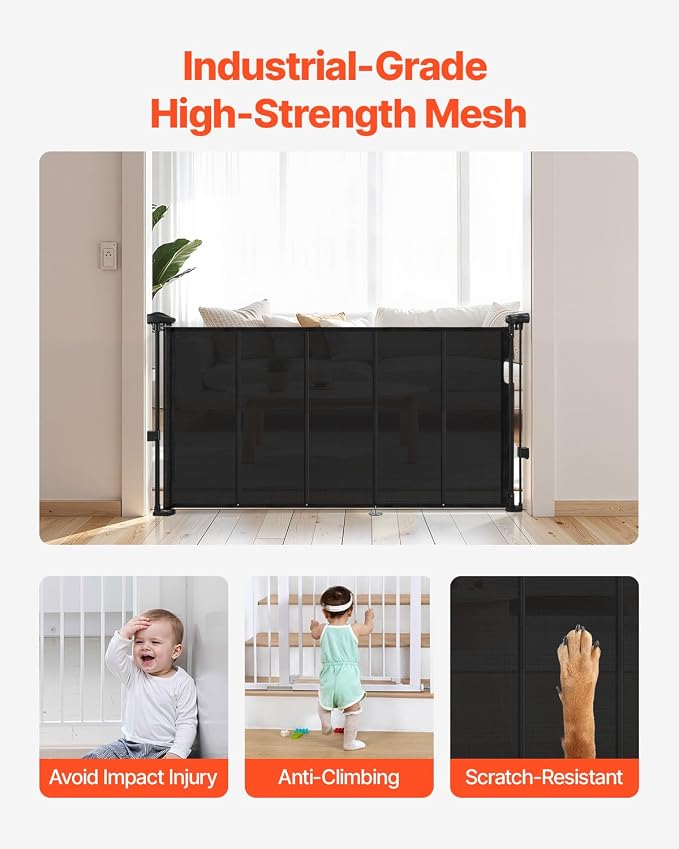 VEVOR Retractable Baby Gate, 34 inch Tall, Extends up to 55 inch Wide, Retractable Gate for Kids or Pets, Mesh Material, Easy to Install for Indoor Stairs, Doorways, Hallways, Playrooms, Black