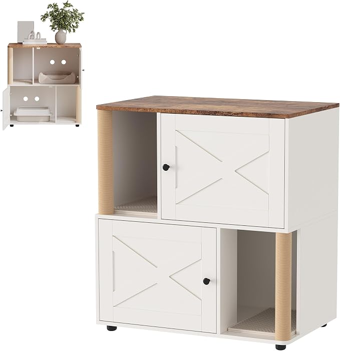 Cat Litter Box Enclosure, Two-Story Wooden Hidden Litter Box Furniture with Scratching Post, Multi-Level Cat Washroom Cabinet for 2 Cats, Reinforced Wood Frame & Ventilated Design for Small Apartment